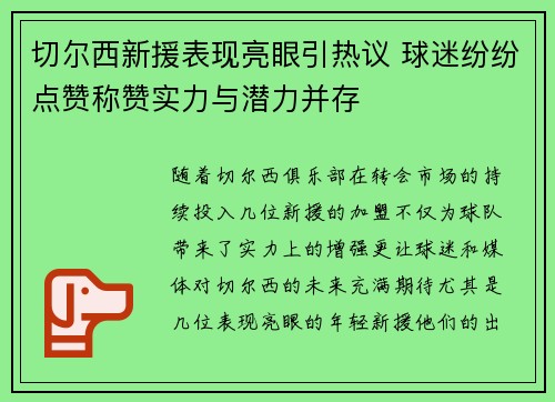 切尔西新援表现亮眼引热议 球迷纷纷点赞称赞实力与潜力并存