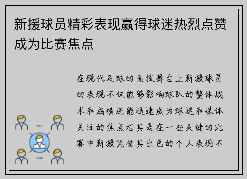 新援球员精彩表现赢得球迷热烈点赞成为比赛焦点