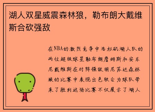 湖人双星威震森林狼，勒布朗大戴维斯合砍强敌