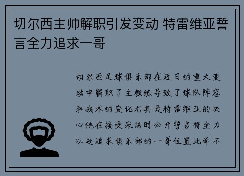 切尔西主帅解职引发变动 特雷维亚誓言全力追求一哥
